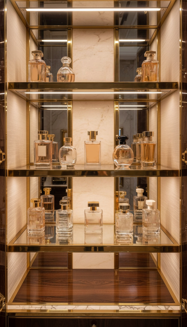 Glass display cabinet with gold frames, featuring a curated collection of perfume bottles arranged by height and shape.