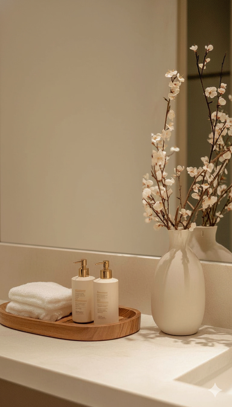 Minimalist bathroom vanity featuring a wooden tray with neatly folded towels and matching dispensers next to a vase with white blossoms.