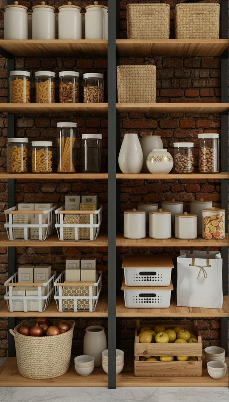 Pantry shelves meticulously organized with uniform glass jars and woven baskets, establishing a clear, maintainable system.
