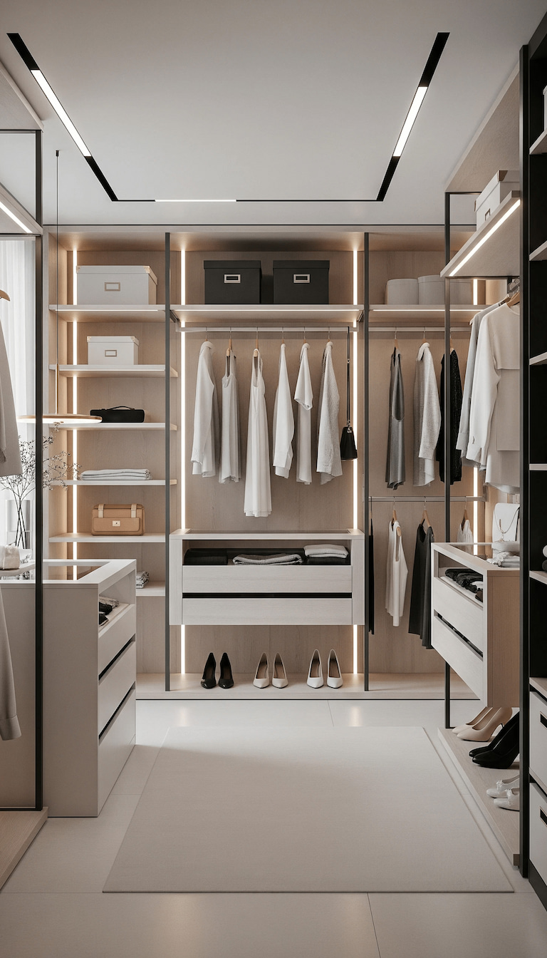 Spacious walk-in closet with floor-to-ceiling beige shelving and LED lighting, where every item has a dedicated, accessible place.