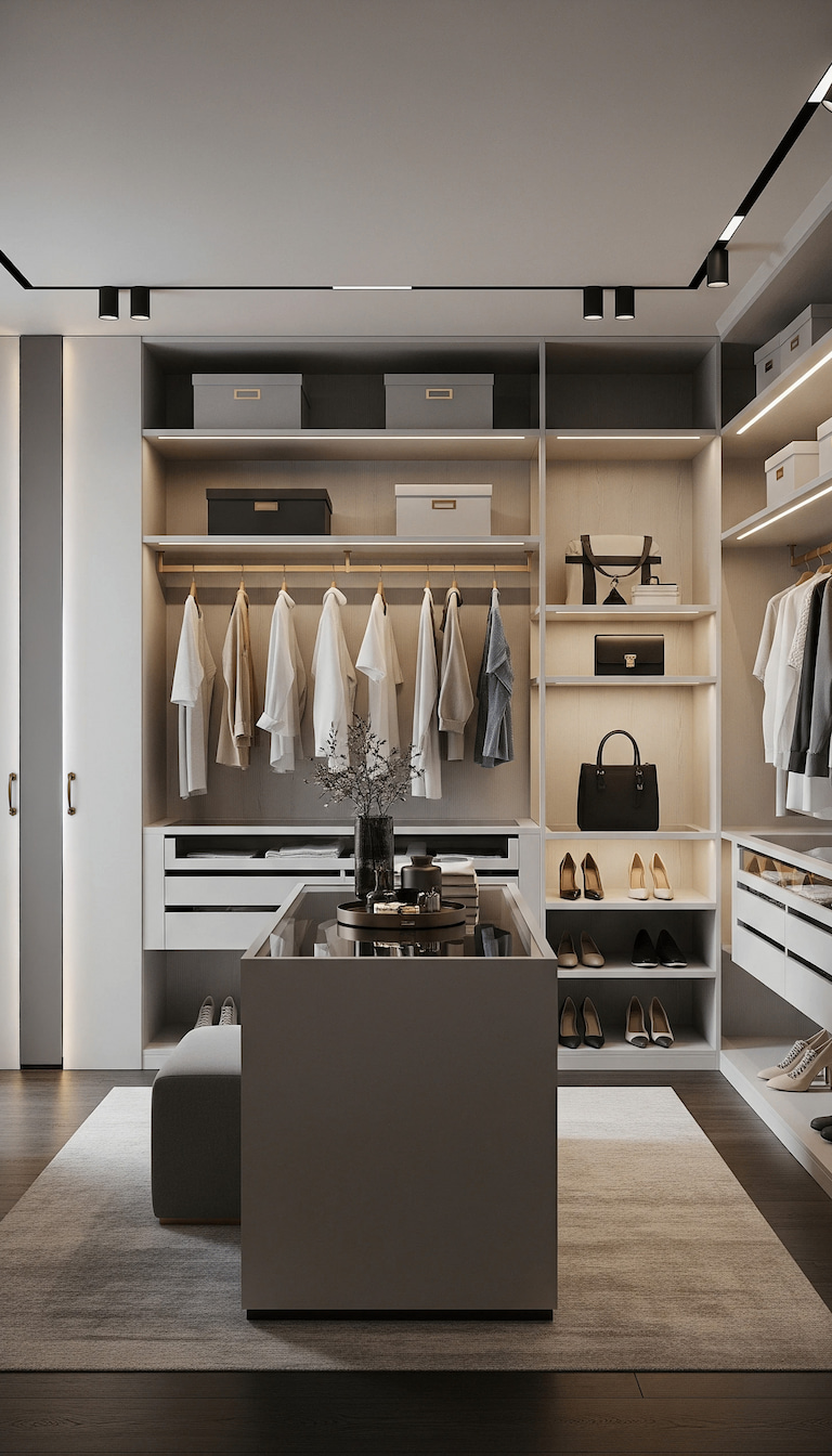 Modern wardrobe featuring handbag displays and a central accessory island, illuminated to create an effortless daily flow.