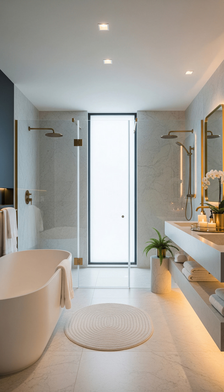 Spa-style bathroom with open shelving and perfectly stacked towels, evoking a serene, clutter-free atmosphere.
