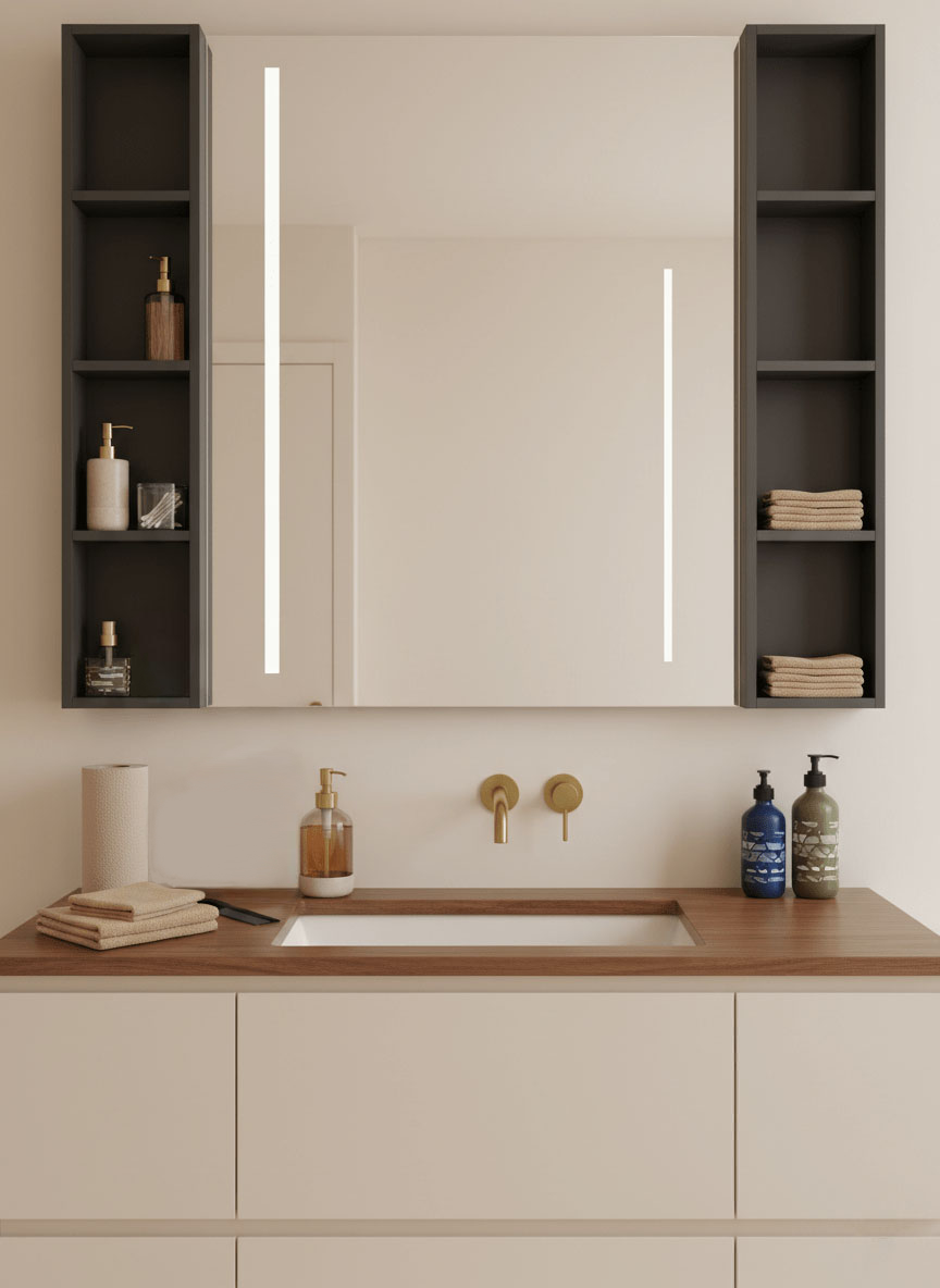 Double bathroom vanity surface, decluttered and sorted to create a clean, functional space using existing items.