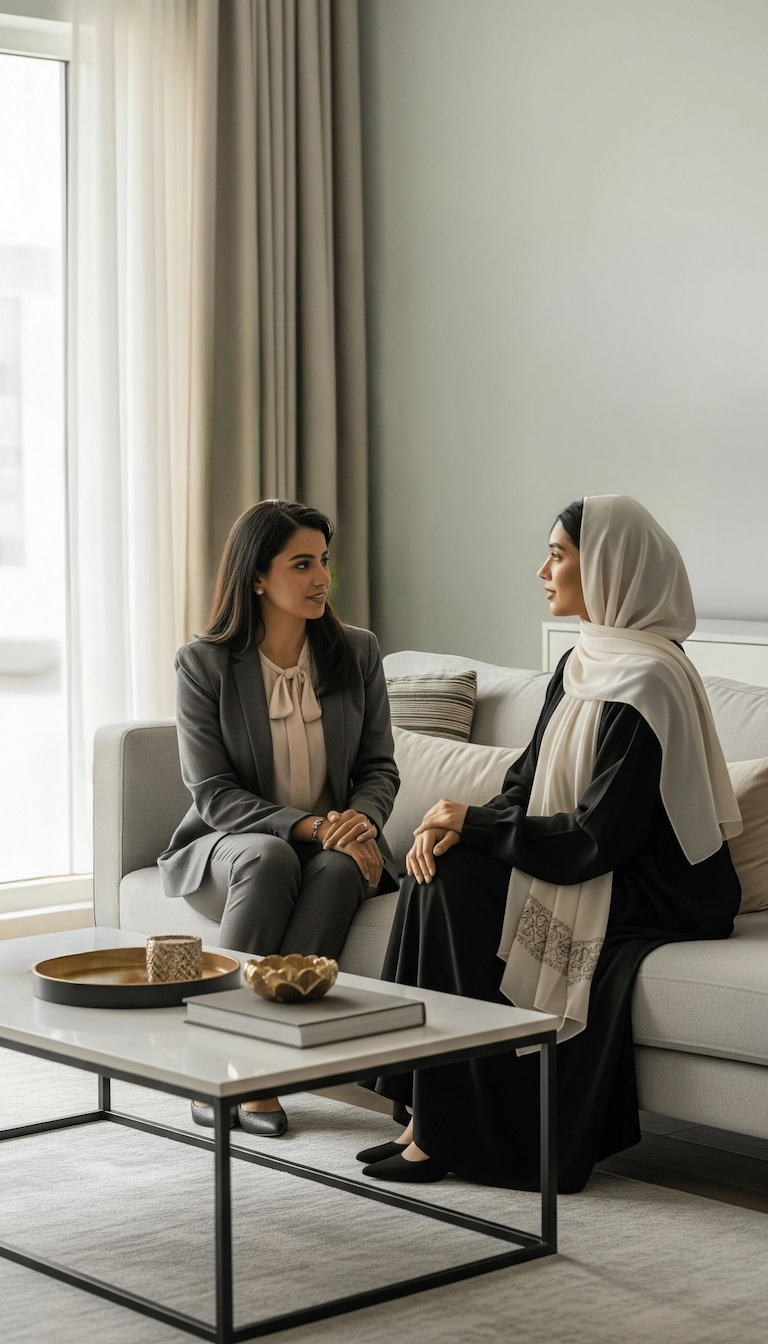 Professional organizer sitting on a sofa, discussing lifestyle goals with a client wearing a white hijab.