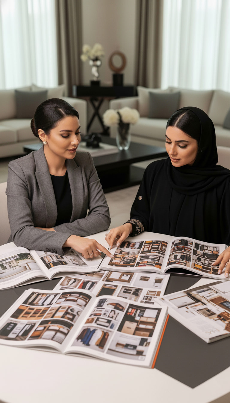 Organizer pointing to custom closet details in a portfolio while reviewing options with a client in a black abaya.