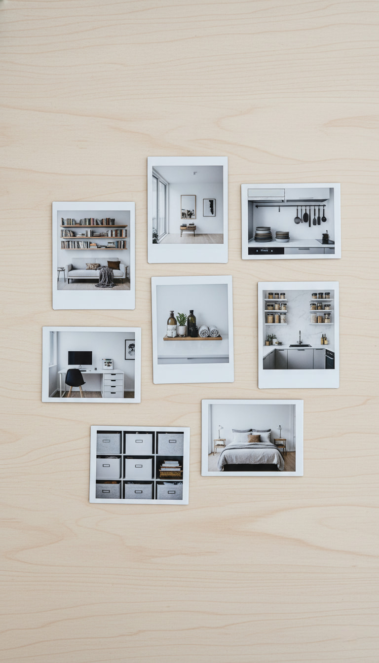 Hands arranging printed design reference photos on a wooden table, planning a bespoke layout.