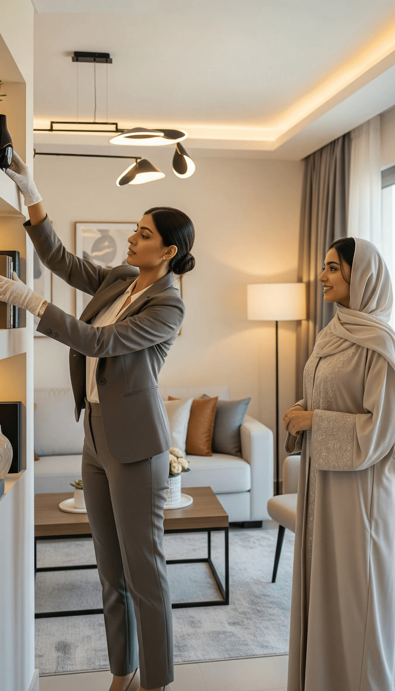 Organizer in white gloves carefully placing a decor vase on a shelf, finalizing the space transformation.