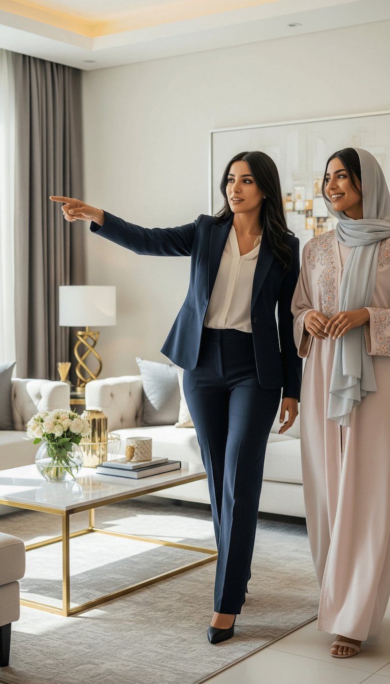 Professional in a navy suit and client in a pink abaya walking through the finished room, reviewing the new system.